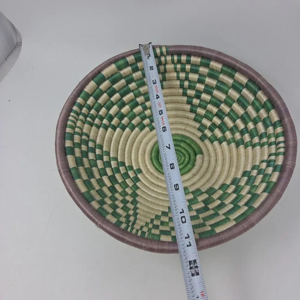 Vintage 11” Woven/Reed Coiled Basket Bowl Wall Green White African